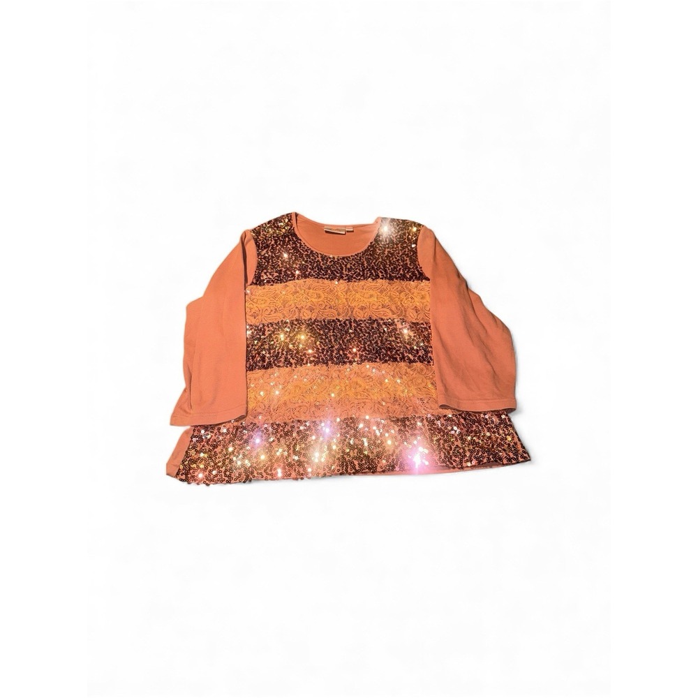 Quacker Factory Womens Shirt Size Xl‎ Pink Sequin Lace 3/4 Sleeve Top Holiday